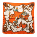 Orange Equestrian Horse Chain Satin Scarf 20x20 Square Scarf with Brown White Border on White Background