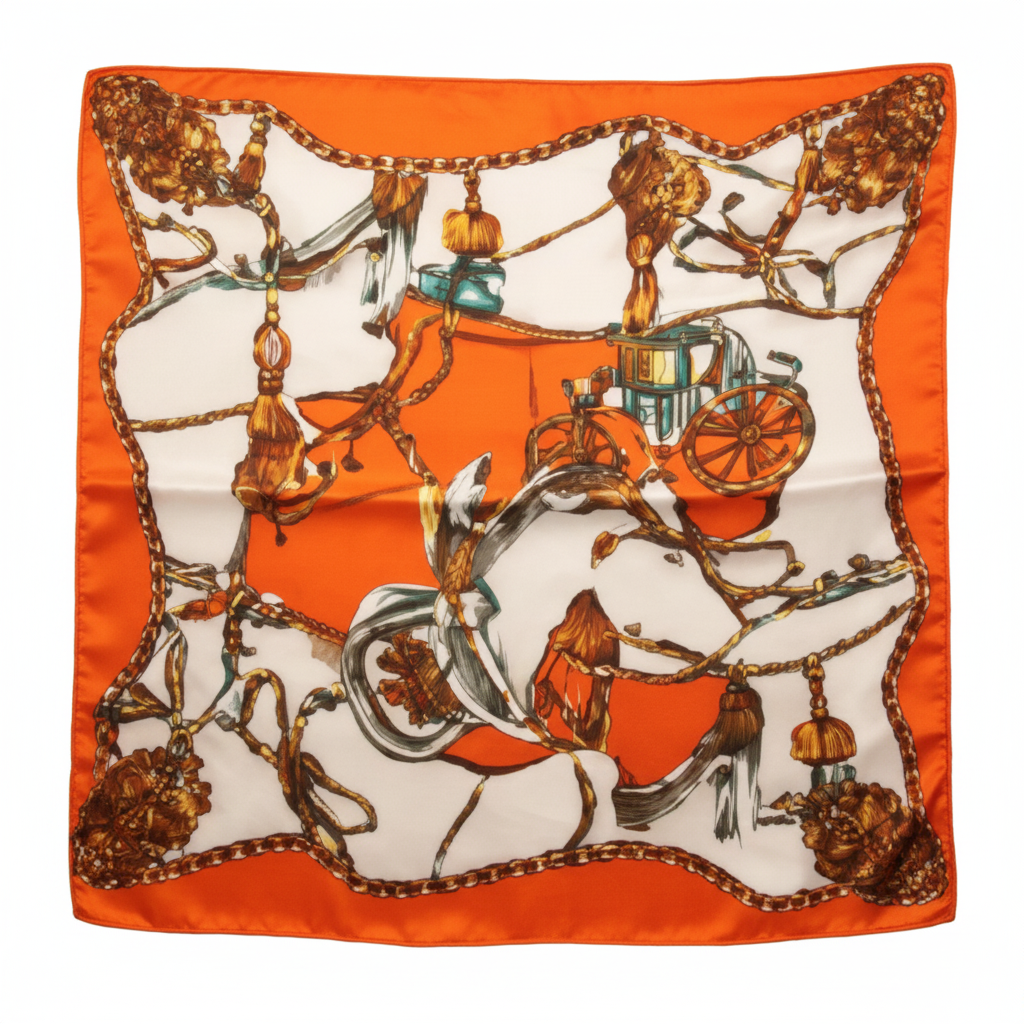 Orange Equestrian Horse Chain Satin Scarf 20x20 Square Scarf with Brown White Border on White Background