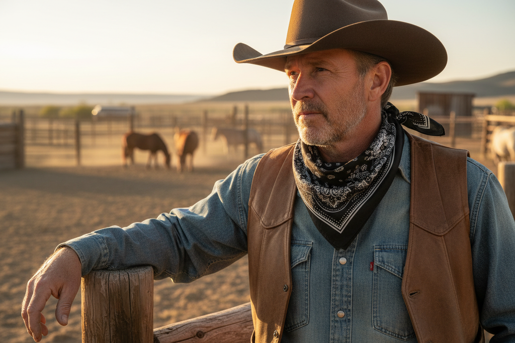 Cowboy wearing black paisley wild rag scarf around neck in traditional western style showing unisex appeal