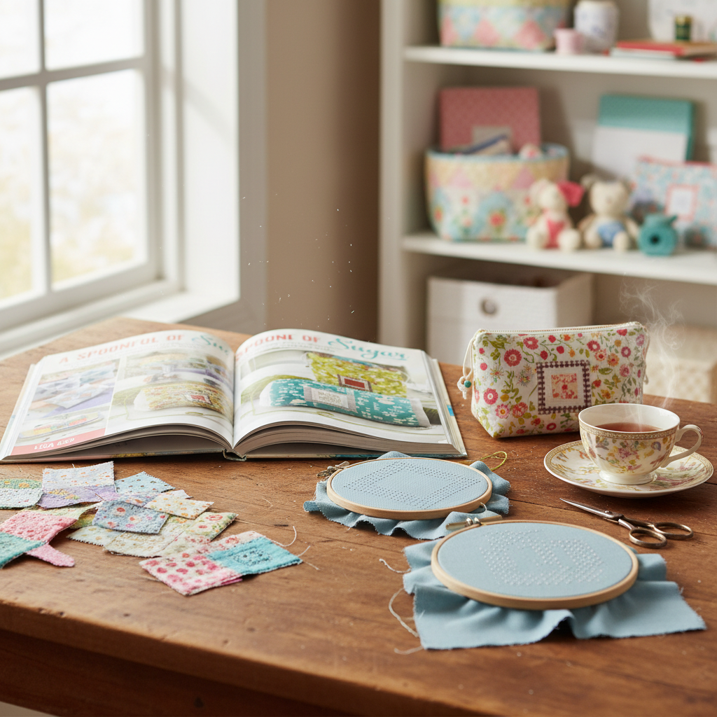Cozy craft room with A Spoonful Of Sugar sewing book open on table surrounded by fabric swatches and sashiko embroidery in progress