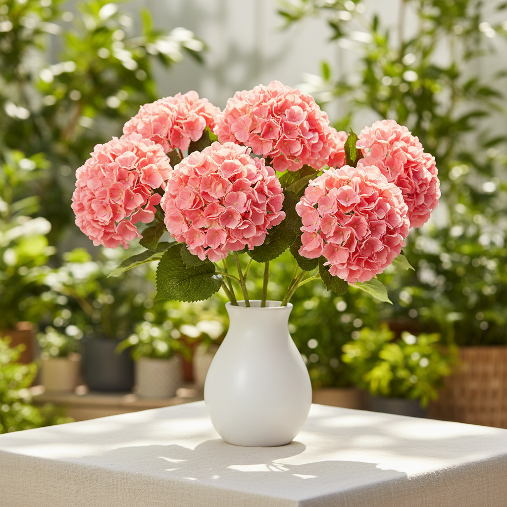 Coral pink hydrangea stems arranged in white vase on bright outdoor patio table vibrant summer decor styling