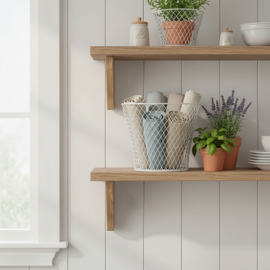 White wire mesh basket used as rustic farmhouse storage on a kitchen open shelf with linen napkins and herbs