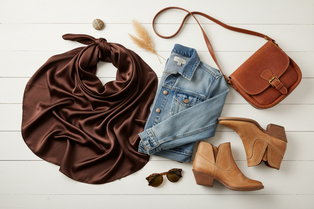 Chocolate brown wild rag with denim jacket, tan leather boots, and crossbody purse, warm neutral styling