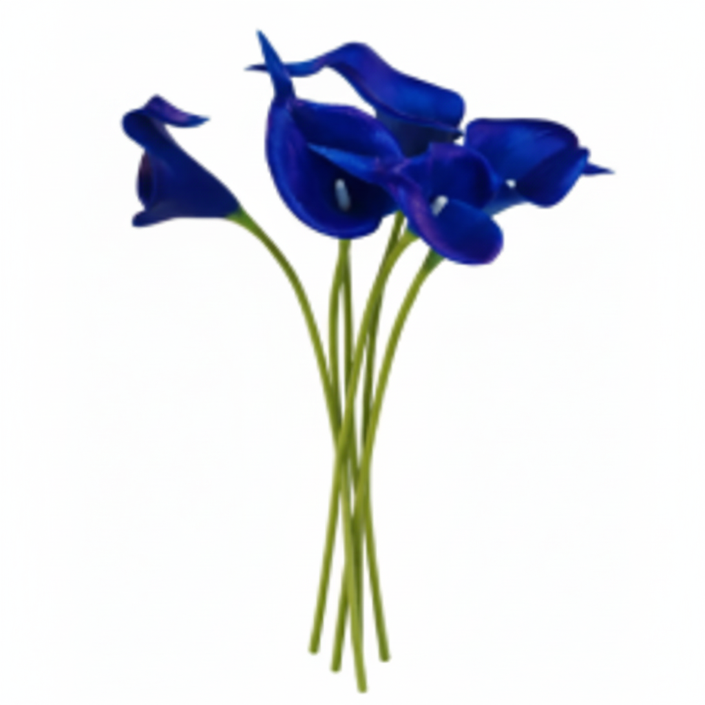 Cobalt blue calla lily artificial flowers 5 stem bunch on white background