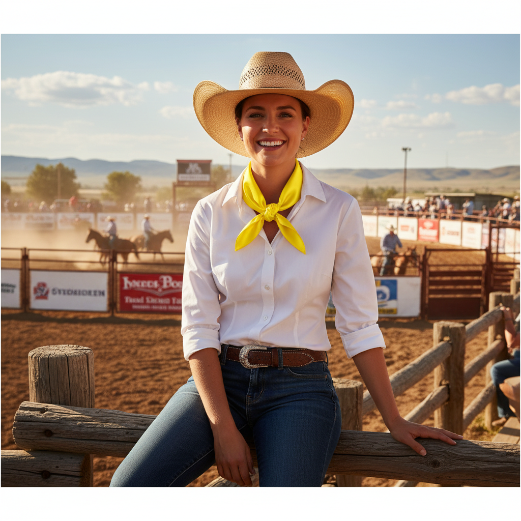 Woman wearing yellow wild rag scarf at summer rodeo event on wooden bleachers, western rodeo atmosphere