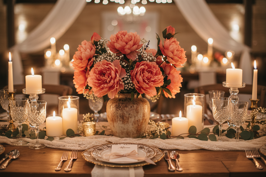 Wedding centerpiece arrangement featuring multiple peach coral peonies in rustic ceramic vase with candles and vintage linens, romantic table setting