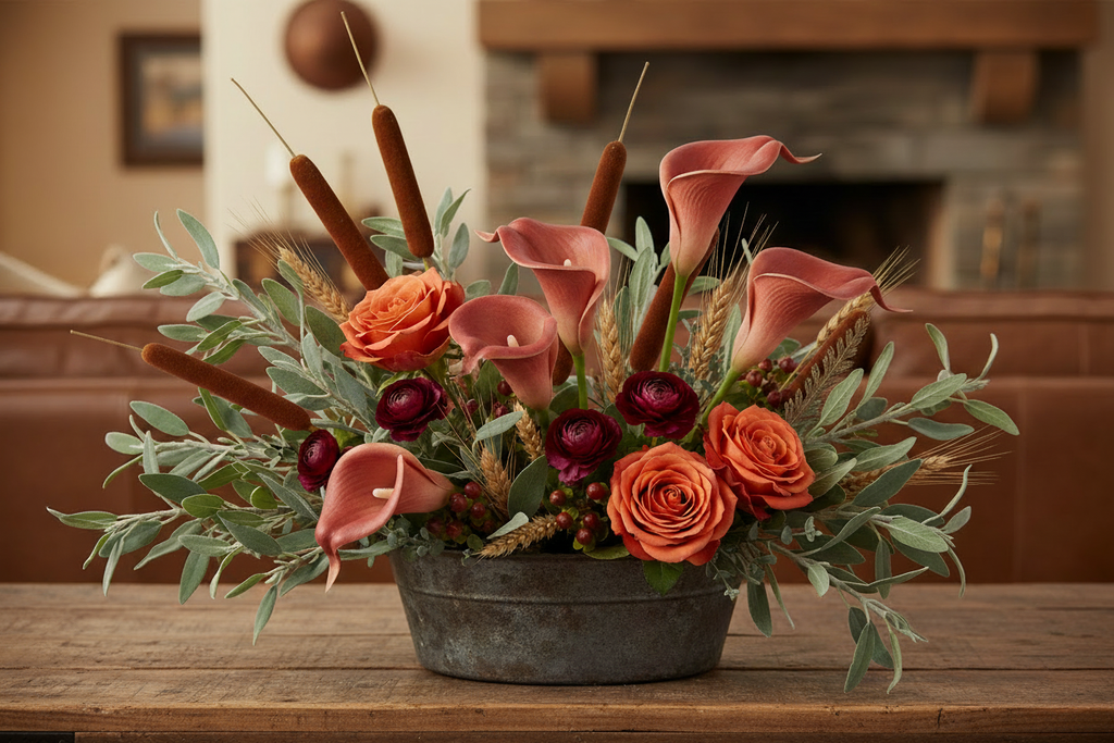 Terracotta calla lily stems arranged in a weathered cast iron pot on a rustic wood coffee table in a western ranch living room, styled with rust-orange roses, burgundy ranunculus, pheasant feathers, cattails, hypericum berries, and wheat in warm amber light