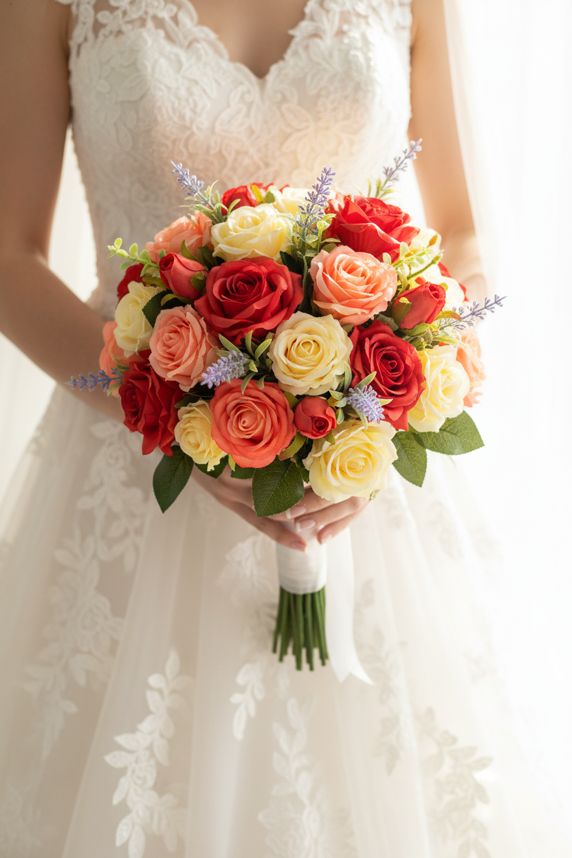 Bride holding a lush mixed bridal bouquet of faux red roses with coral, peach, yellow and lavender roses in a soft romantic wedding setting