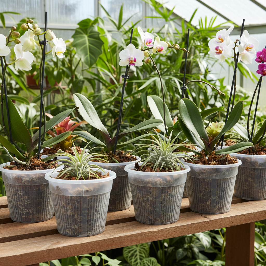Multiple clear slotted orchid pots with open ventilation slits on a greenhouse shelf with orchids and tropical plants