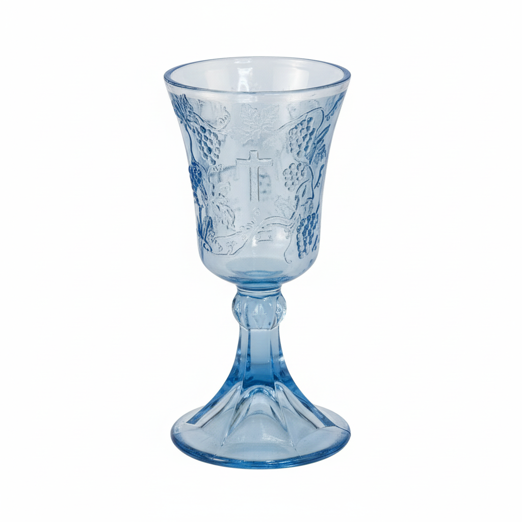 Vintage Tiara Indiana Glass blue communion chalice goblet with Last Supper embossed scene, cross and grape vine motifs, 7 inches tall on white background