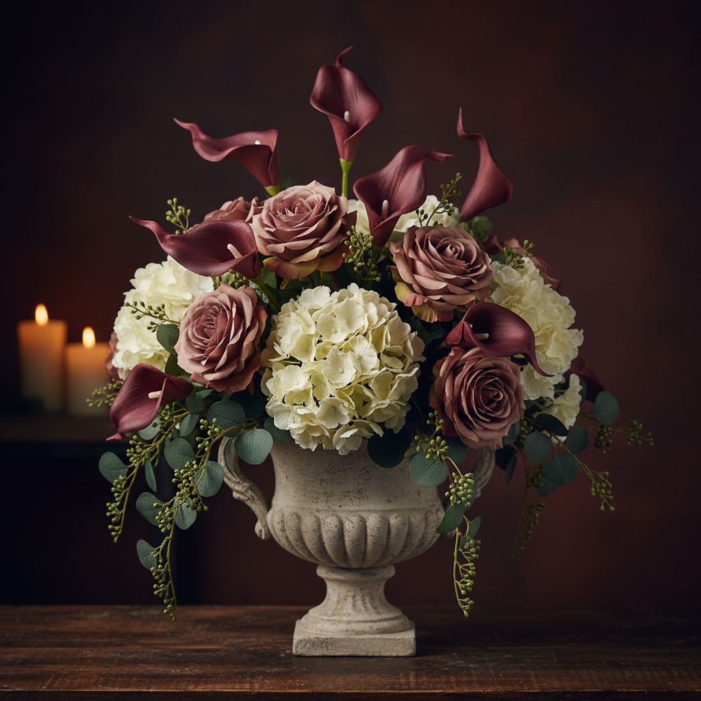 Burgundy wine-red faux calla lily stems in a lush moody centerpiece arrangement in an aged cream stone urn with dusty mauve roses, ivory hydrangeas, and eucalyptus, candlelit gothic romantic styling