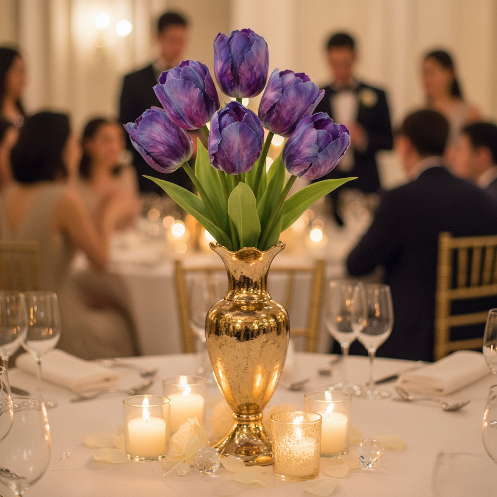Purple gradient tulip centerpiece with 6 stems in gold vase for elegant wedding reception table decor