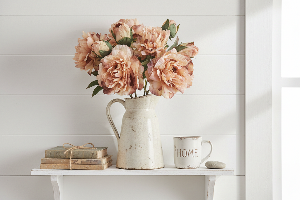 Blush peach peony stems with large bloom in vintage pitcher on white shiplap wall shelf with farmhouse accessories