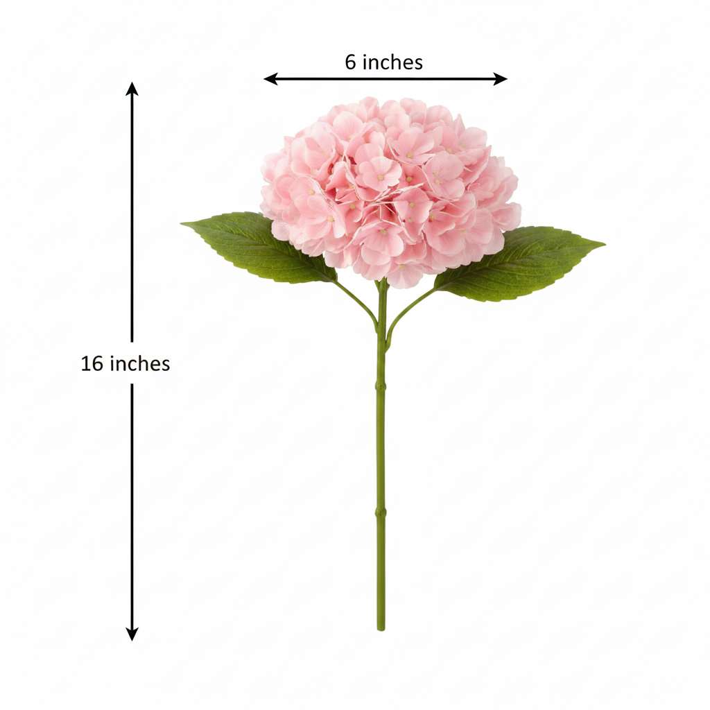 Blush pink artificial hydrangea stem measurement diagram showing 16 inches total height and 6 inch bloom width