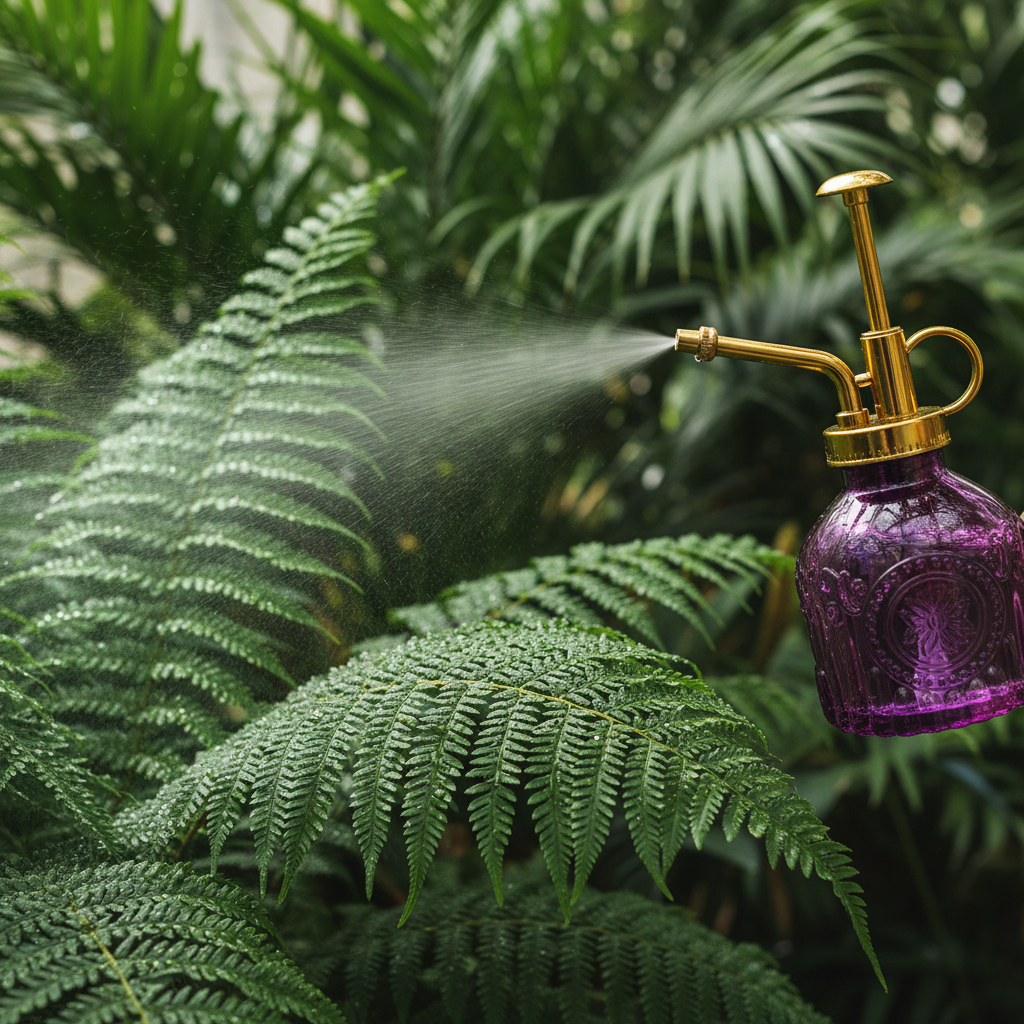 Purple glass mister creating fine mist spray on tropical fern leaves with water droplets