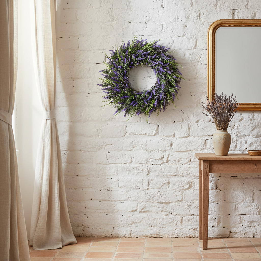 Lavender greenery wreath displayed on a whitewashed stone wall in an elegant French country Provençal interior