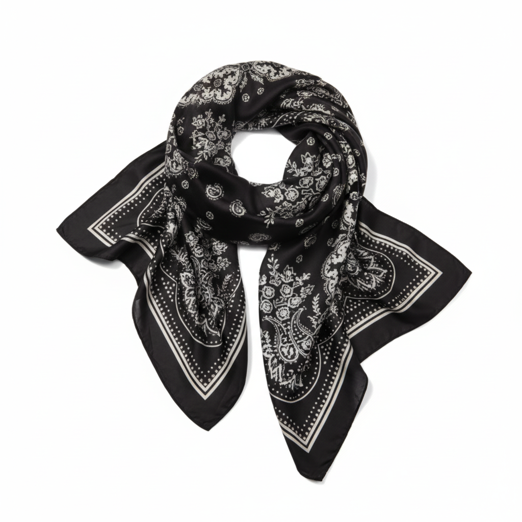 Black paisley scarf with white print on white background showing silk feel texture and intricate pattern detail
