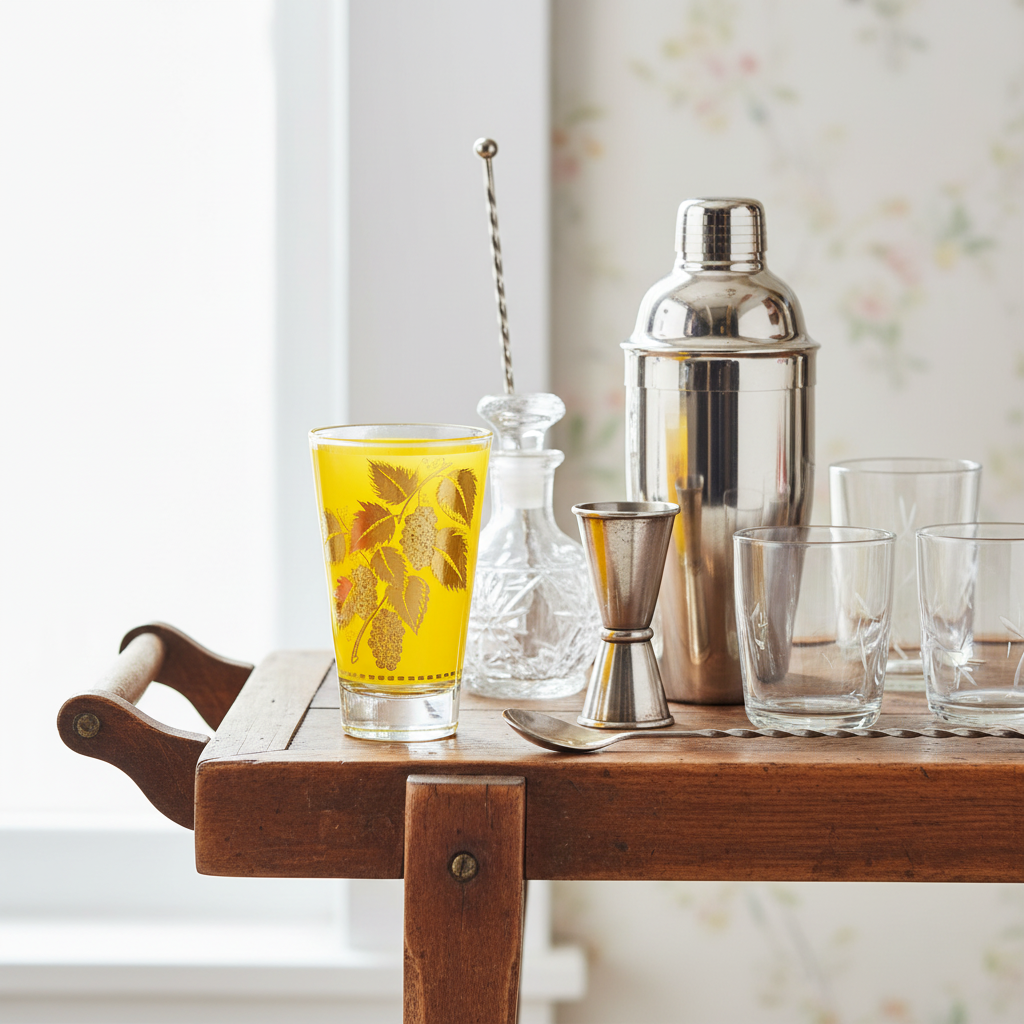 Vintage Libbey yellow grape leaf tumbler on rustic bar cart with cocktail shaker and retro barware, mid-century gold grapevine glass