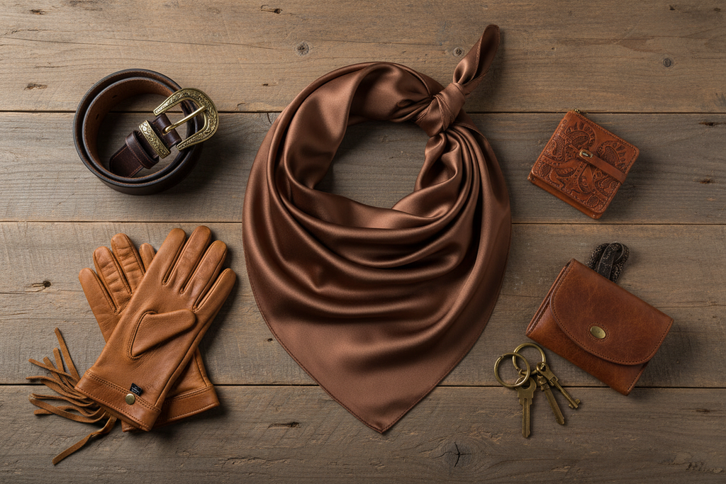 Saddle brown wild rag flat lay with leather belt, brass buckle, and brown leather accessories on barn wood