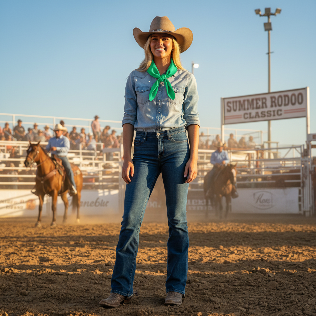 Jade green wild rag scarf worn in traditional cowboy style at summer rodeo with western hat and boots