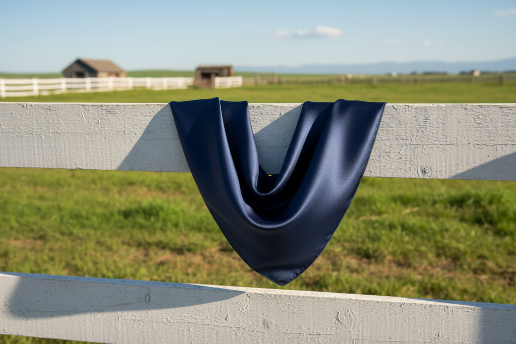 Navy blue wild rag draped on white fence with green grass and blue sky