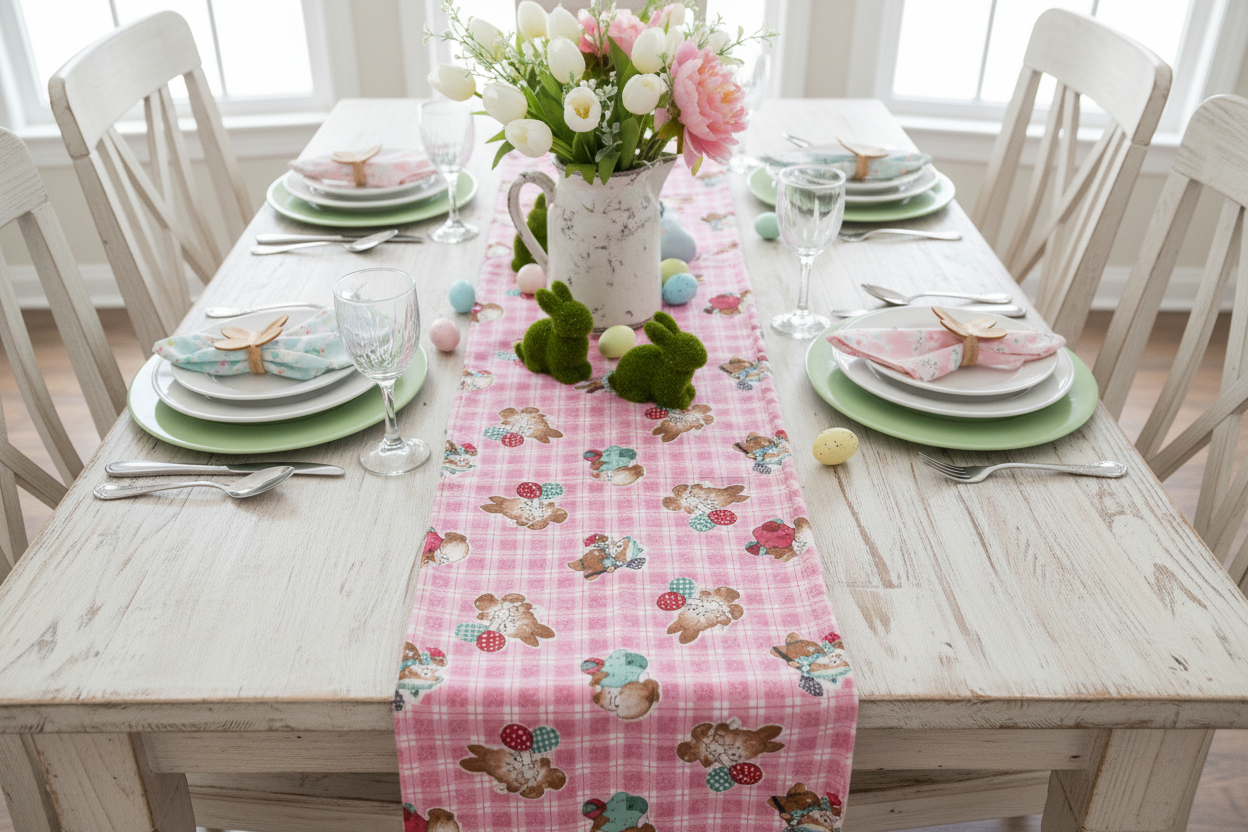 Easter table runner made from vintage bunny fabric on farmhouse dining table with spring decor