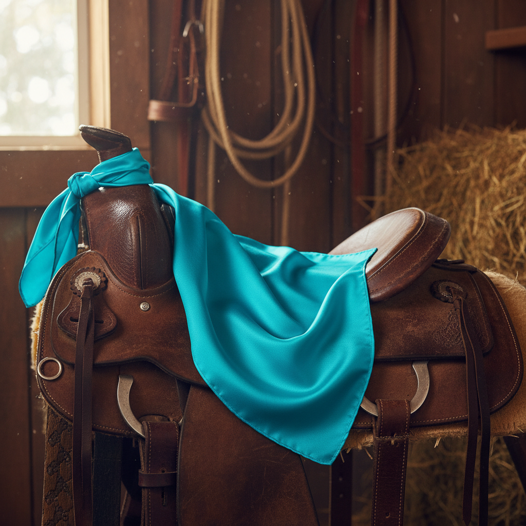 Turquoise blue 35x35 inch wild rag scarf draped over leather western saddle in rustic barn setting