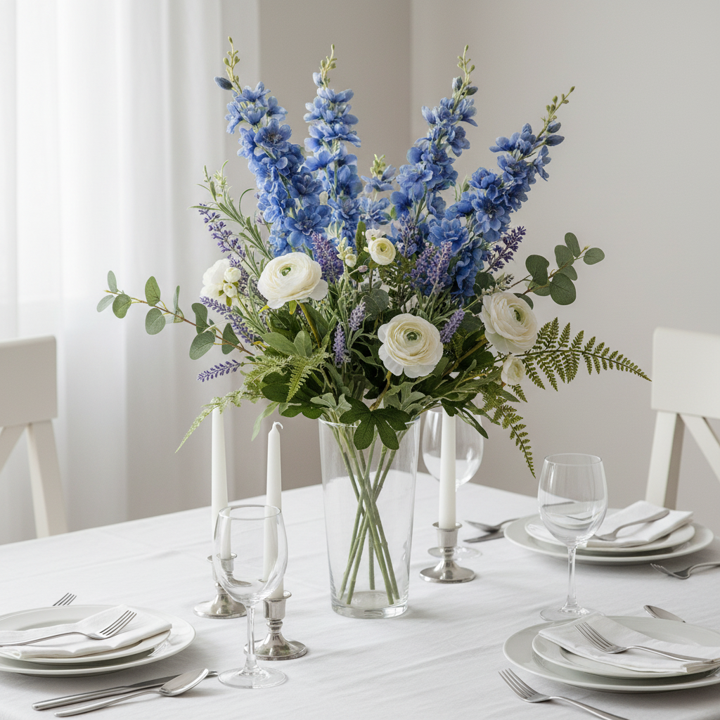 Artificial blue delphinium silk flower stem in a tall glass vase as an elegant dining table centerpiece with lavender, white ranunculus, and candles