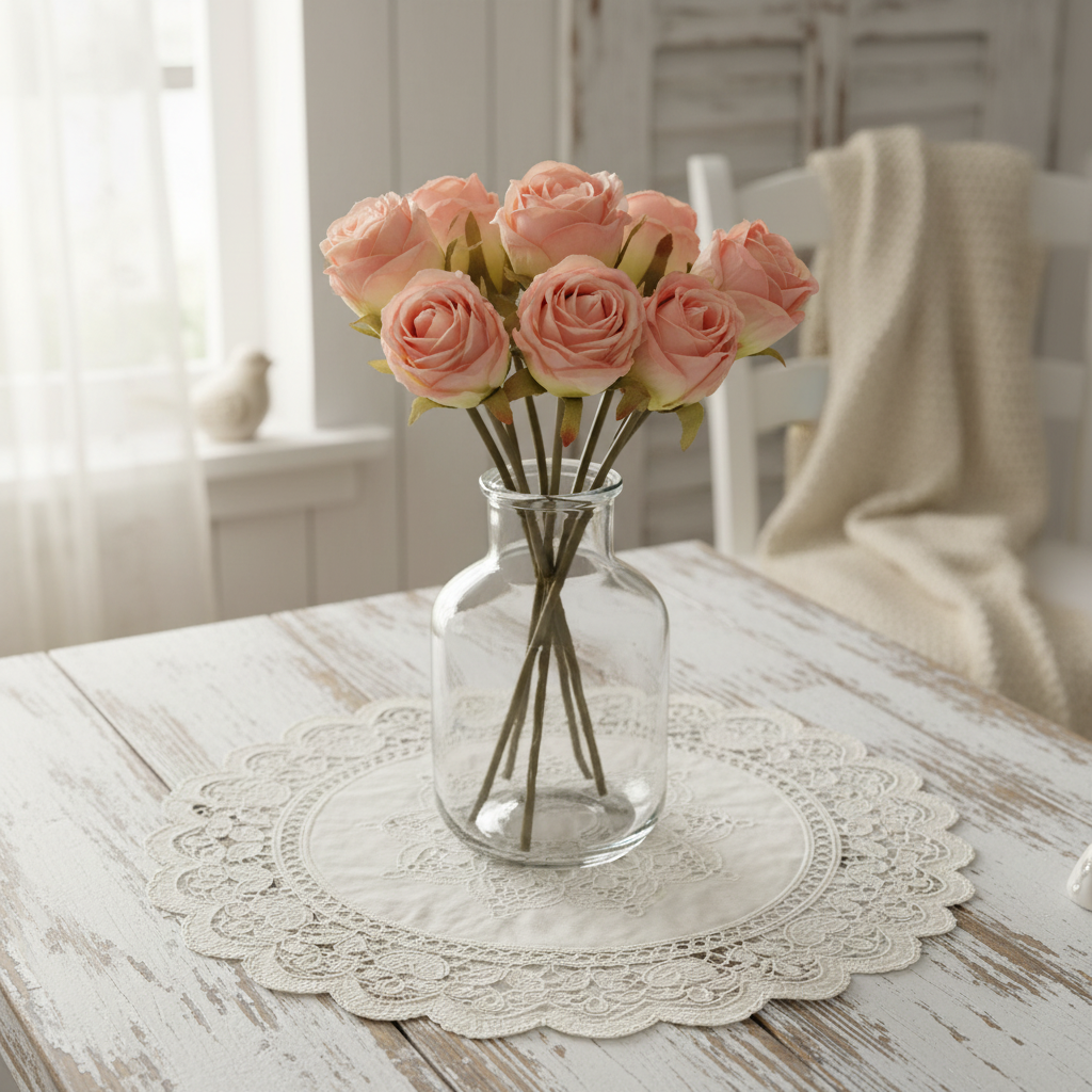 Blush pink artificial rose bouquet in clear glass vase on rustic white farmhouse table with vintage lace doily cottagecore decor