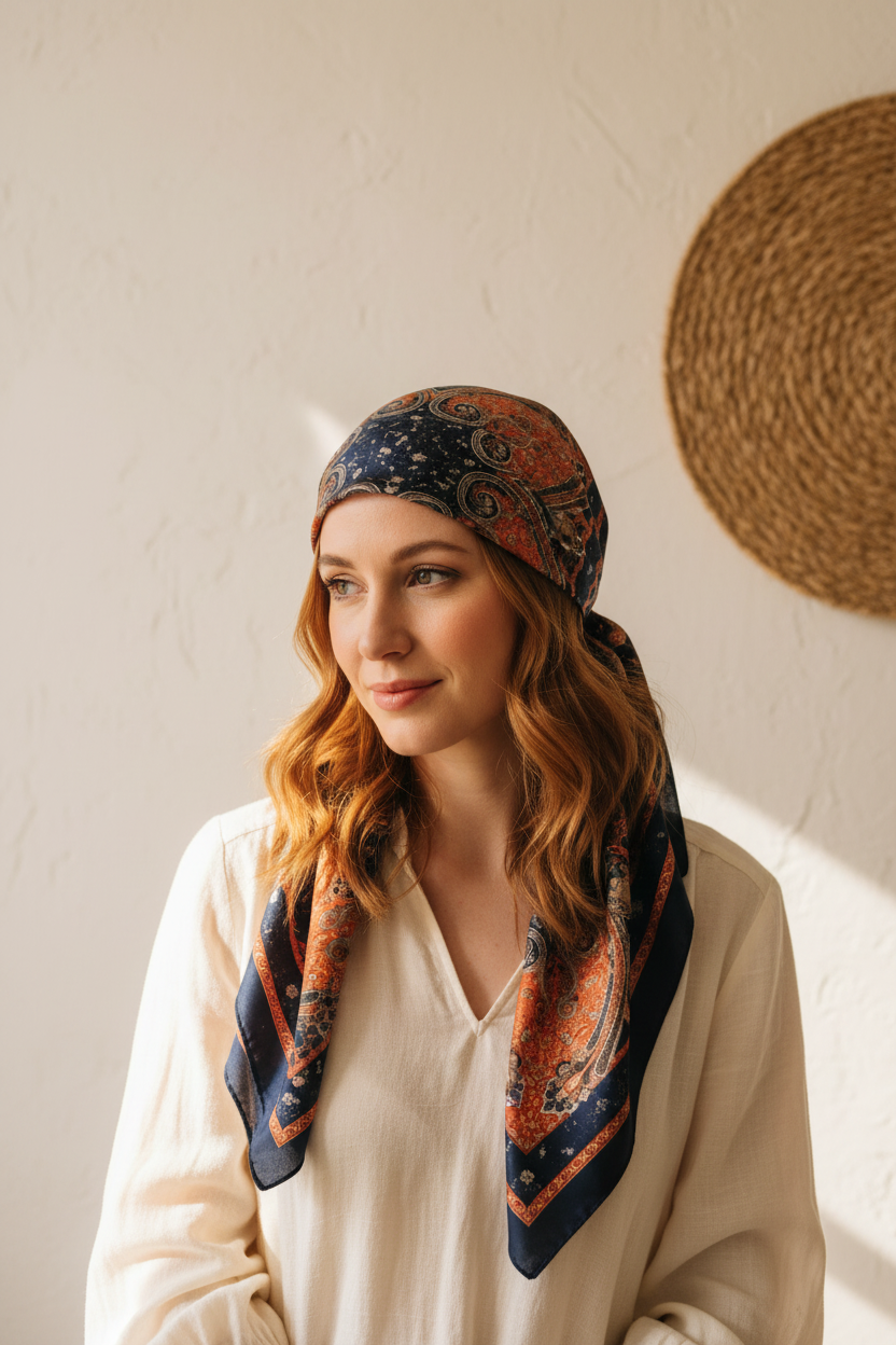 Woman wearing navy rust paisley square scarf as boho head wrap with cream blouse against warm plaster wall with woven wall art