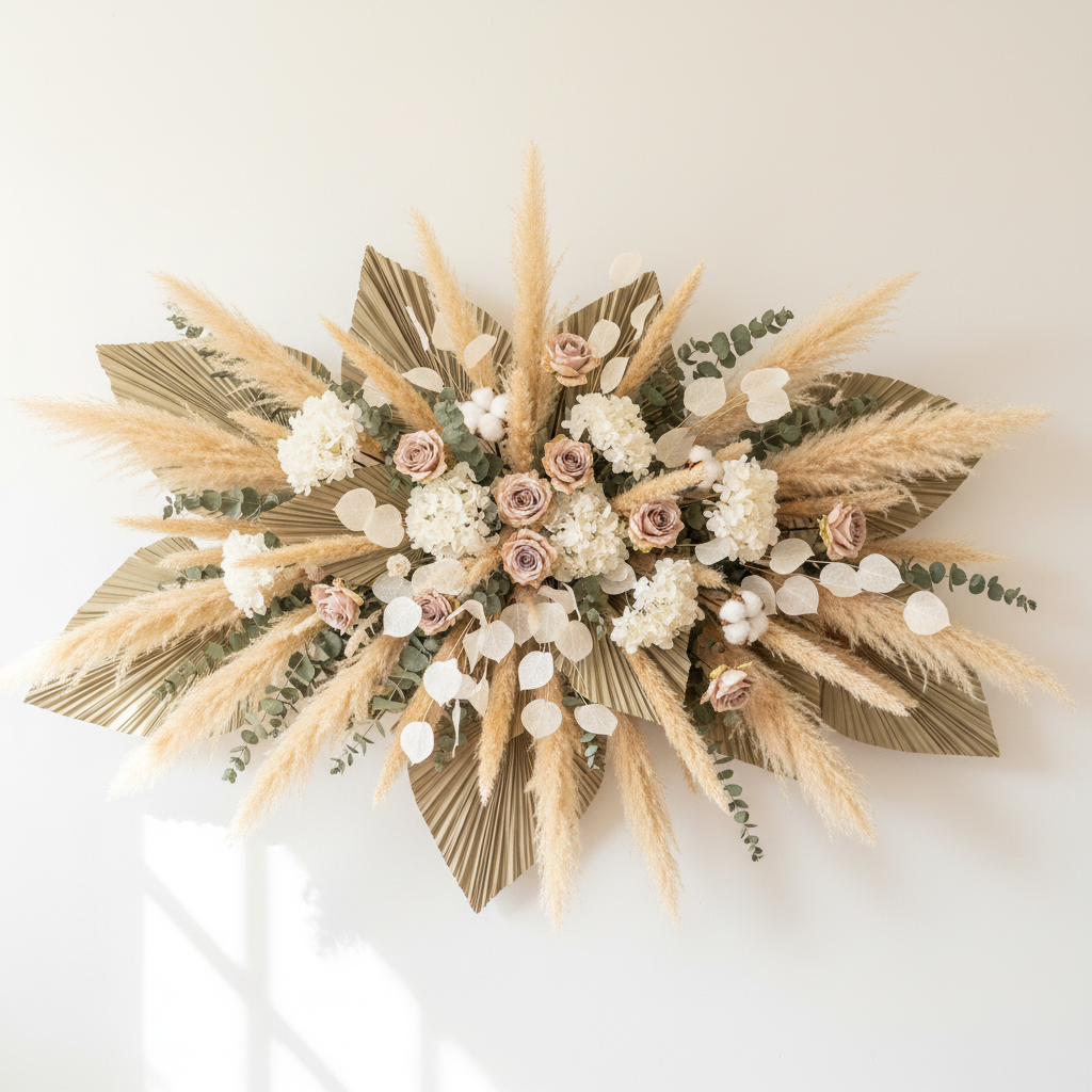 Wheat beige faux pampas grass stems scattered throughout boho dried floral wall installation with fan palms, blush roses, white hydrangeas, cotton stems and eucalyptus on white wall