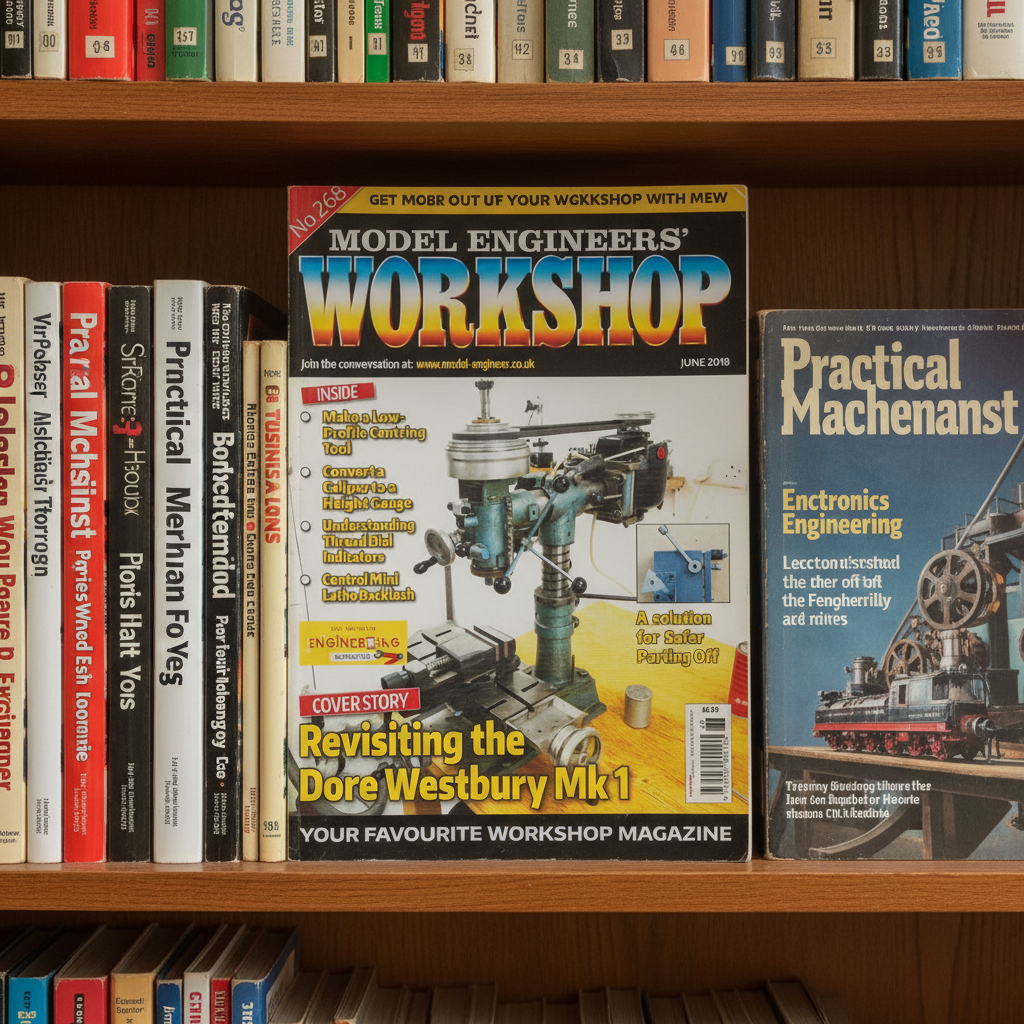 Model Engineers Workshop magazine on bookshelf with engineering magazines