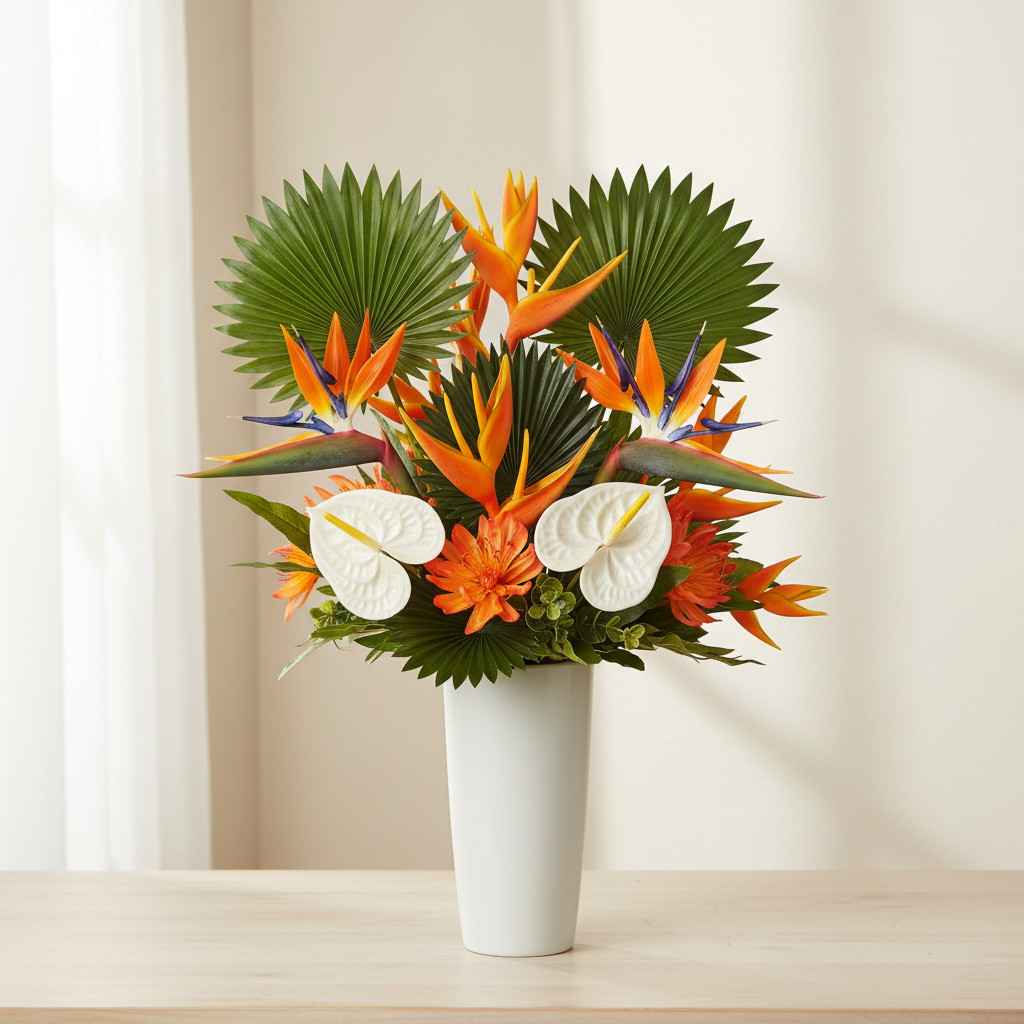 Artificial fan palm leaves arranged with faux tropical flowers including birds of paradise, heliconias, and anthuriums in a tall white ceramic vase