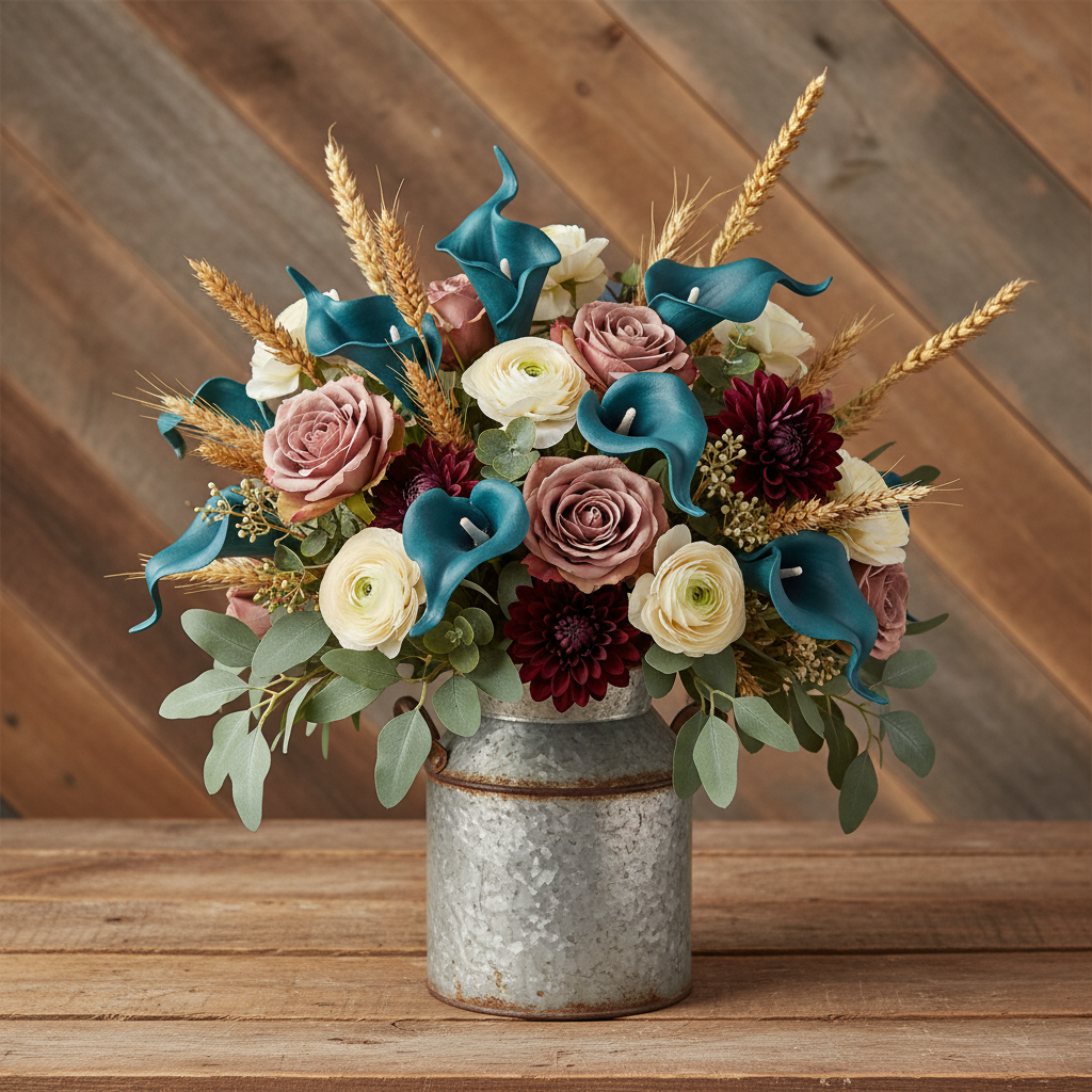 Teal peacock blue artificial calla lily stems mixed with dusty mauve roses, cream ranunculus, burgundy dahlias, and dried wheat in a galvanized metal milk can on a rustic barn wood surface, western farmhouse style