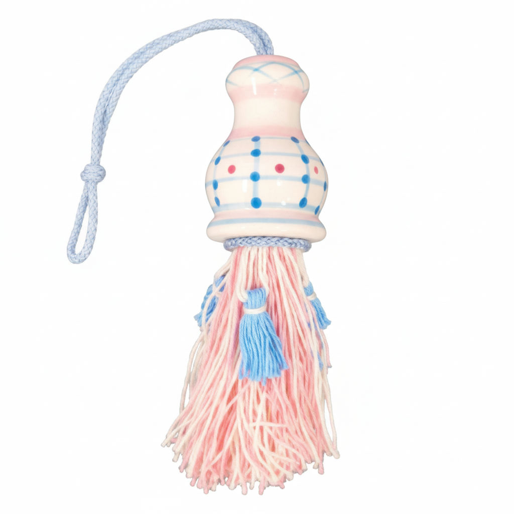 Vintage Ganz Bella Casa ceramic tassel ornament with white polka-dot top and soft pink and blue fringe on white background
