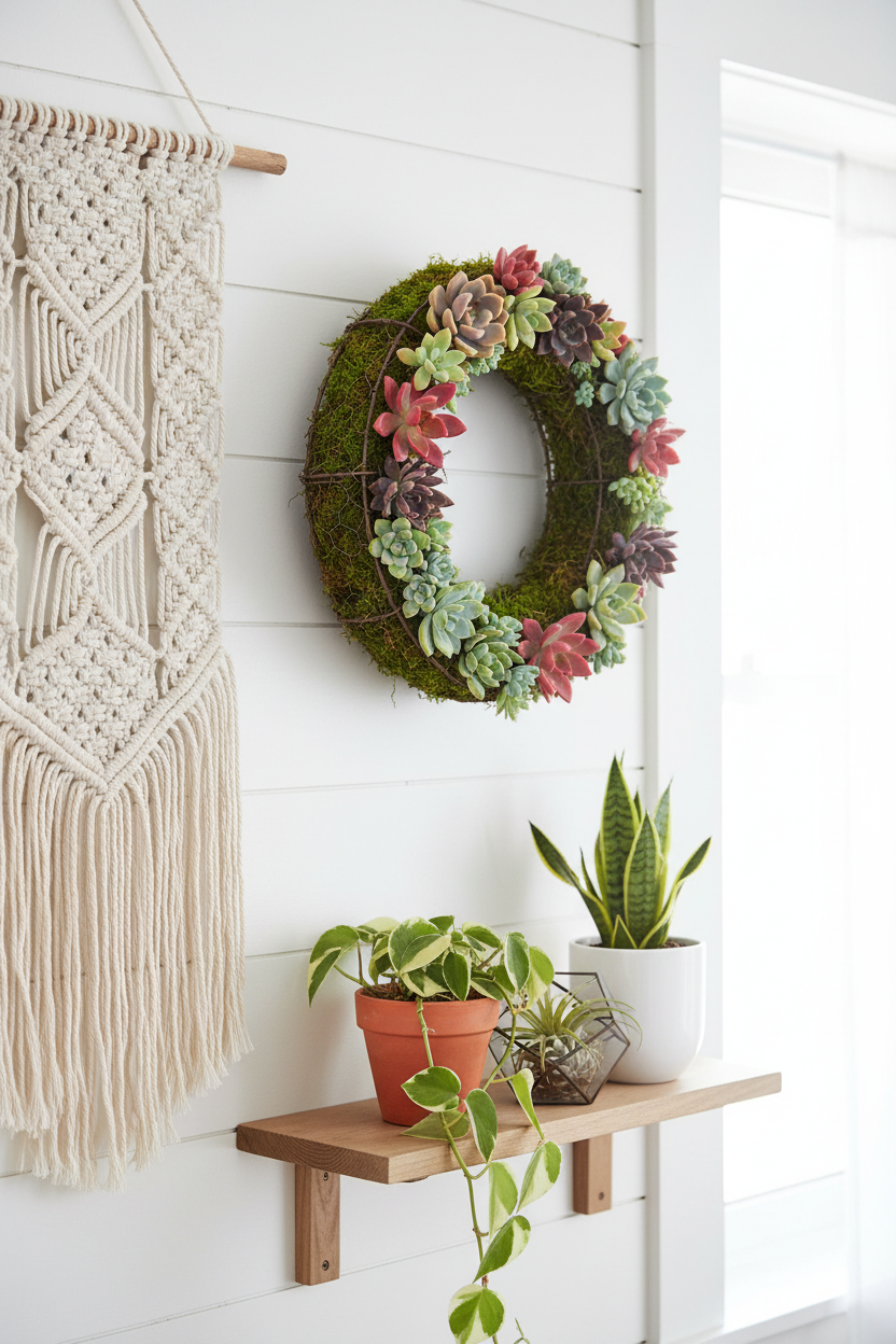 8 inch wire wreath basket with moss and succulents displayed as boho wall decor on white shiplap interior wall with macrame and potted plants