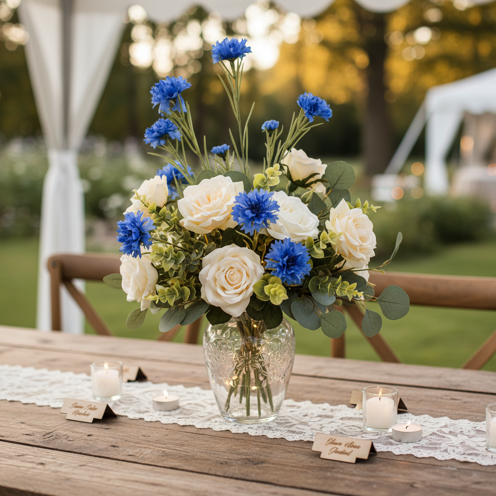 Faux blue cornflower stems in rustic wedding centerpiece with white roses on wooden farm table