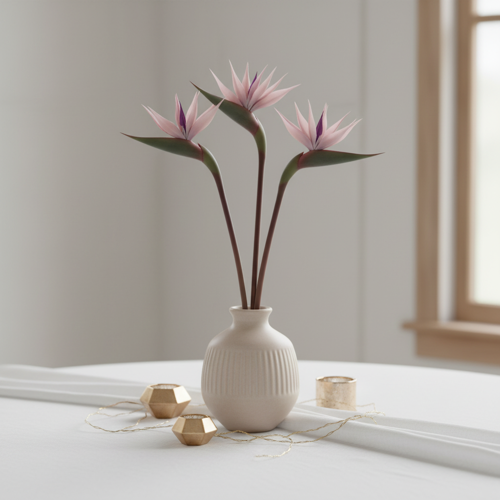 Blush mauve Bird of Paradise artificial stems styled as a wedding centerpiece with gold accents and white linen