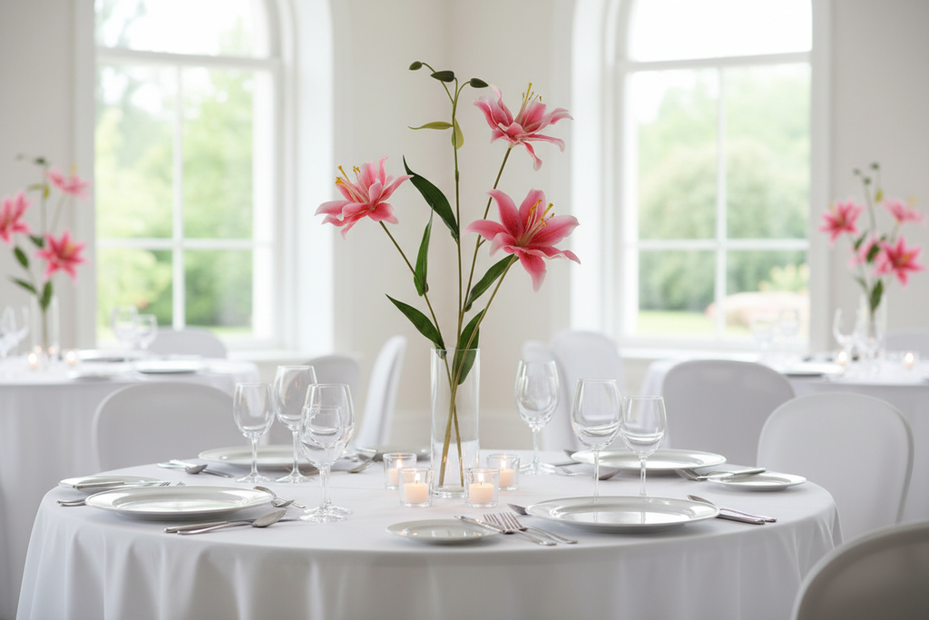 Hot pink lily stems as wedding centerpiece on elegant table with white linens, romantic modern wedding decor