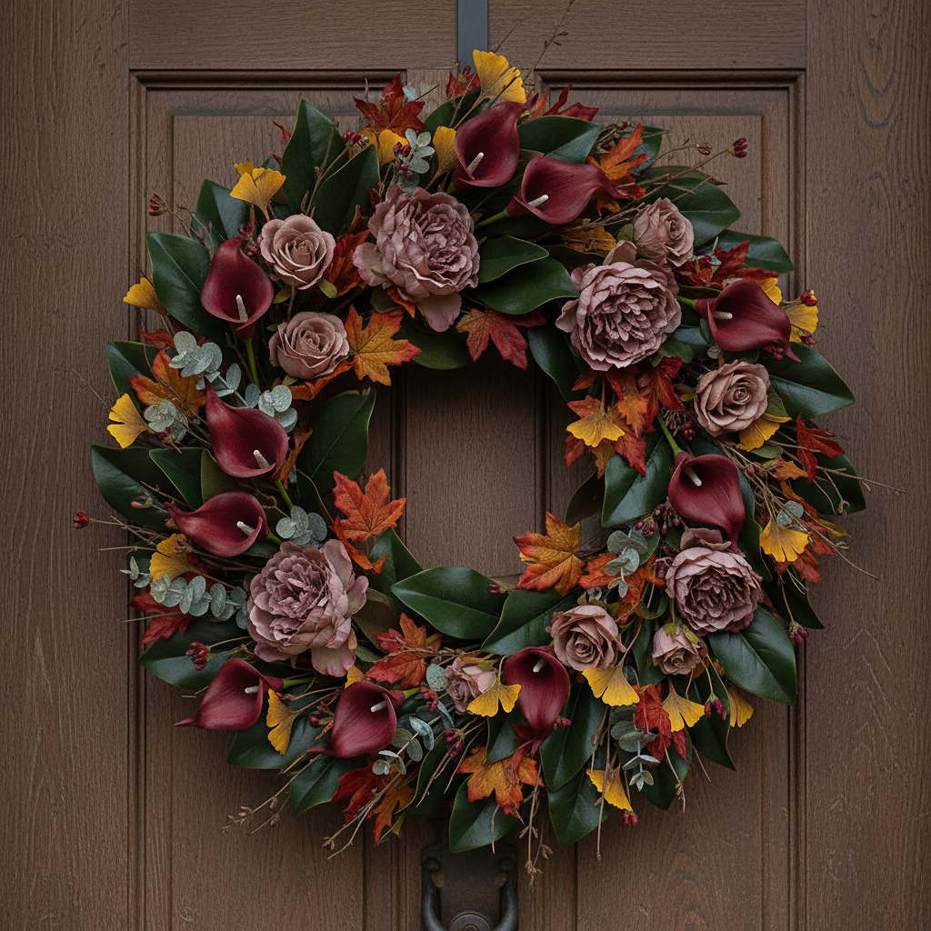 Burgundy wine-red faux calla lily stems woven into a full lush autumn wreath on a dark wood door with eucalyptus, dusty mauve florals, and magnolia leaves