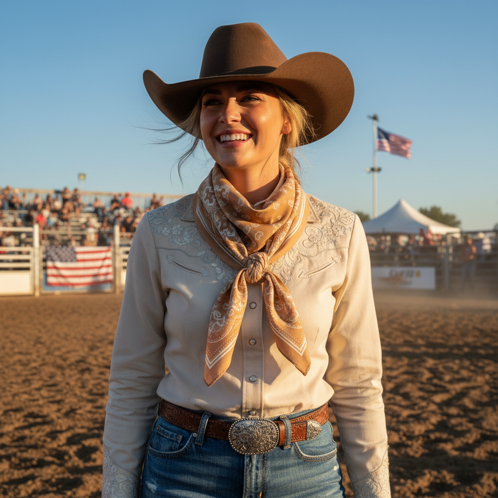 Woman wearing tan paisley wild rag scarf at summer rodeo arena, western cowgirl outfit with hat