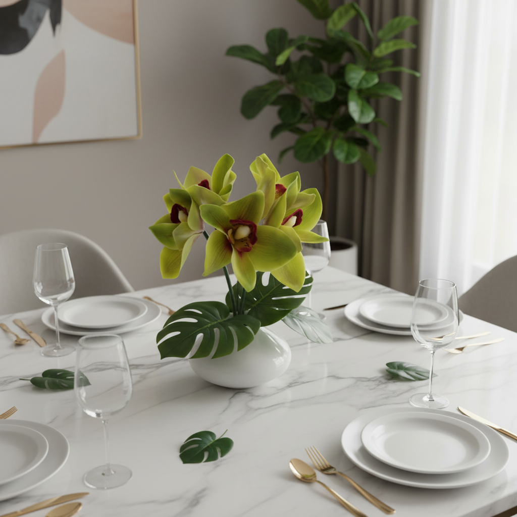 Artificial green cymbidium orchid stems styled as tropical modern centerpiece on white marble dining table