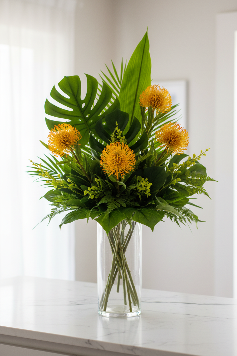 Yellow orange protea stems with tropical greenery in tall glass vase on marble countertop, botanical arrangement