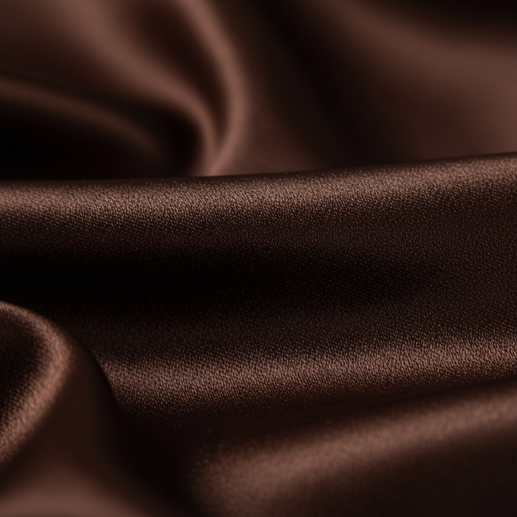 Close-up of chocolate brown satin fabric showing smooth silky texture and luxurious sheen detail