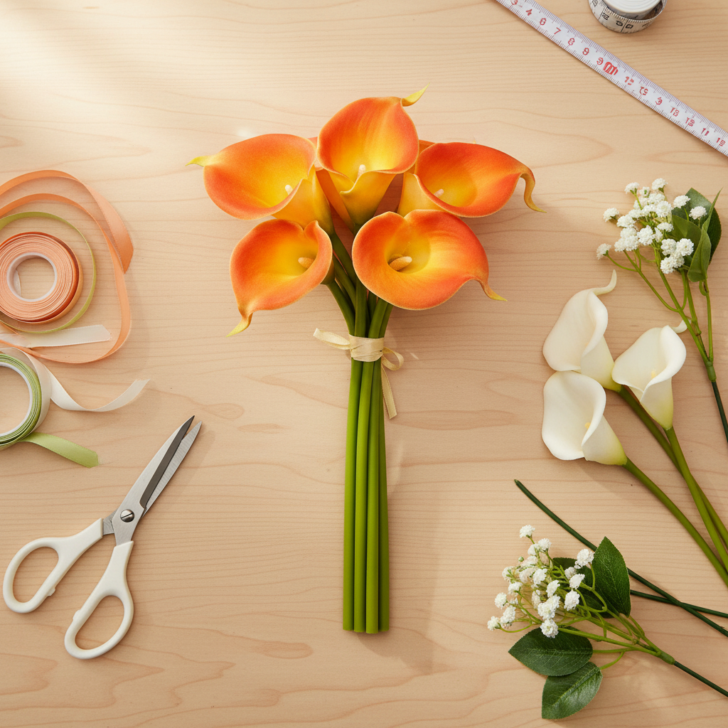Orange calla lily faux flowers in DIY floral craft scene on wooden table with scissors ribbon and assorted artificial flowers
