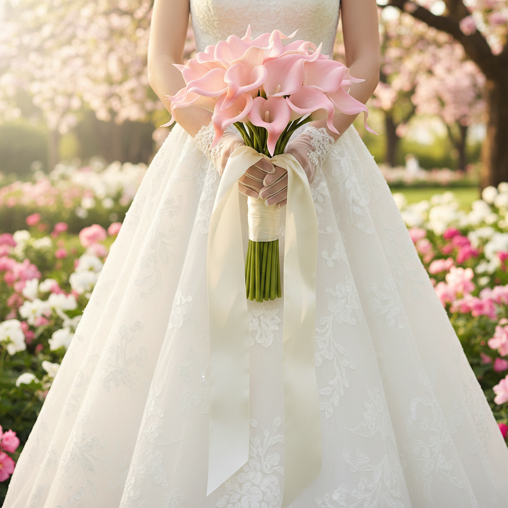 Blush pink artificial calla lily bridal bouquet tied with ivory silk ribbon against flowing white wedding dress, outdoor spring garden