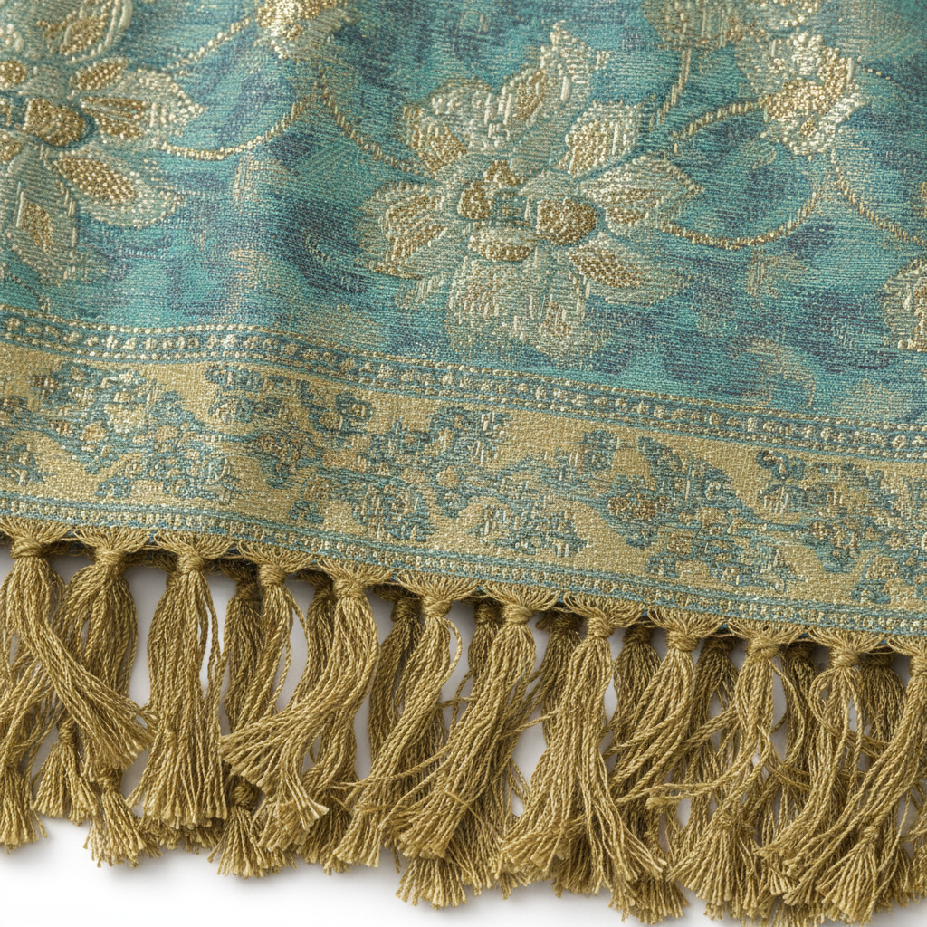 Close-up of teal gold paisley jacquard woven fabric texture with gold fringe tassels detail