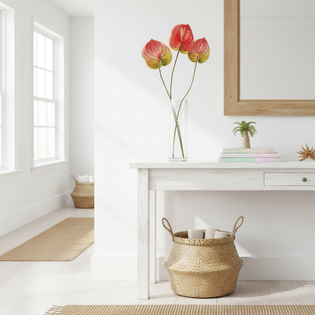 Coastal home decor with pink green Anthurium stems in vase, palm beach style interior with natural light and rattan accents