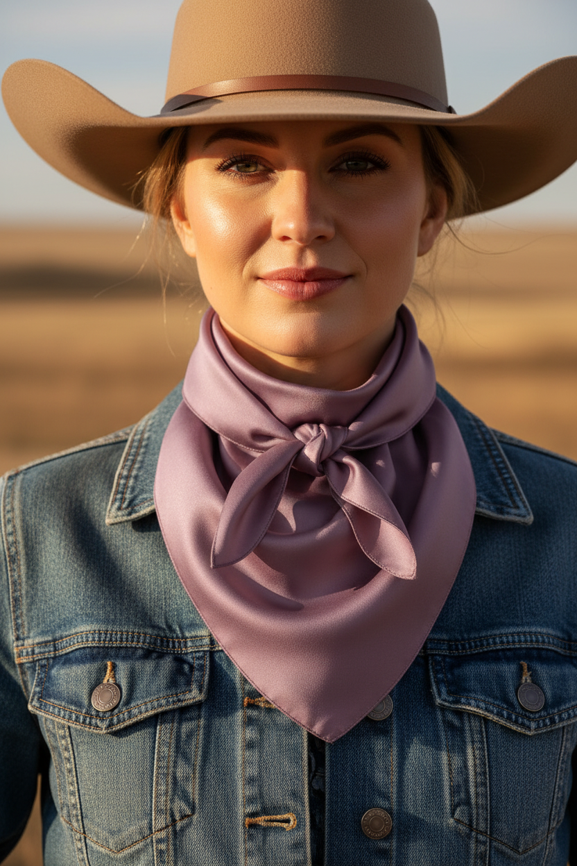 Light plum wild rag tied as cowboy neck scarf with denim jacket and western hat