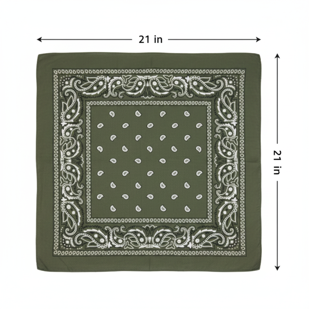 Size measurement diagram showing 21x21 inch square bandana with arrow lines indicating dimensions
